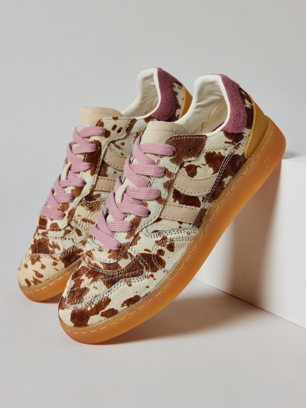 Coolway Cow-Print Low Top Sneakers in Brown, Cream & Pink